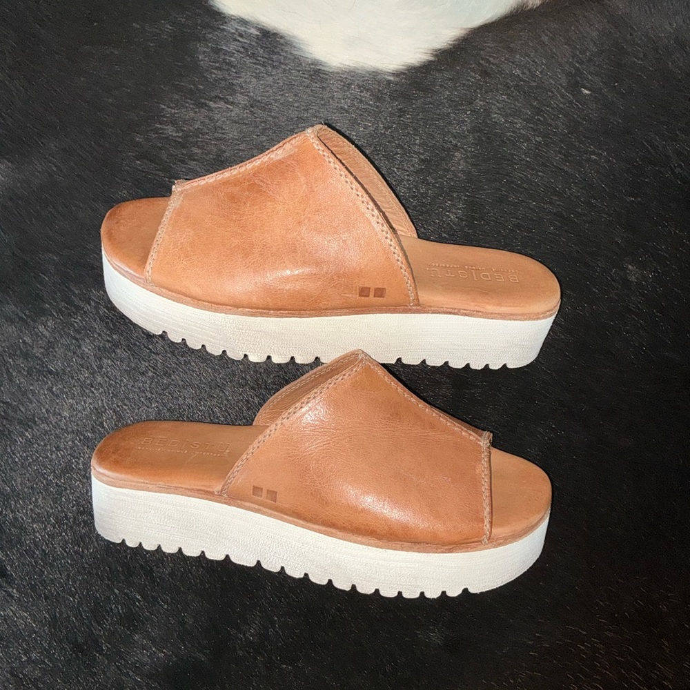 Bed Stu Tan and White Platform Mules
